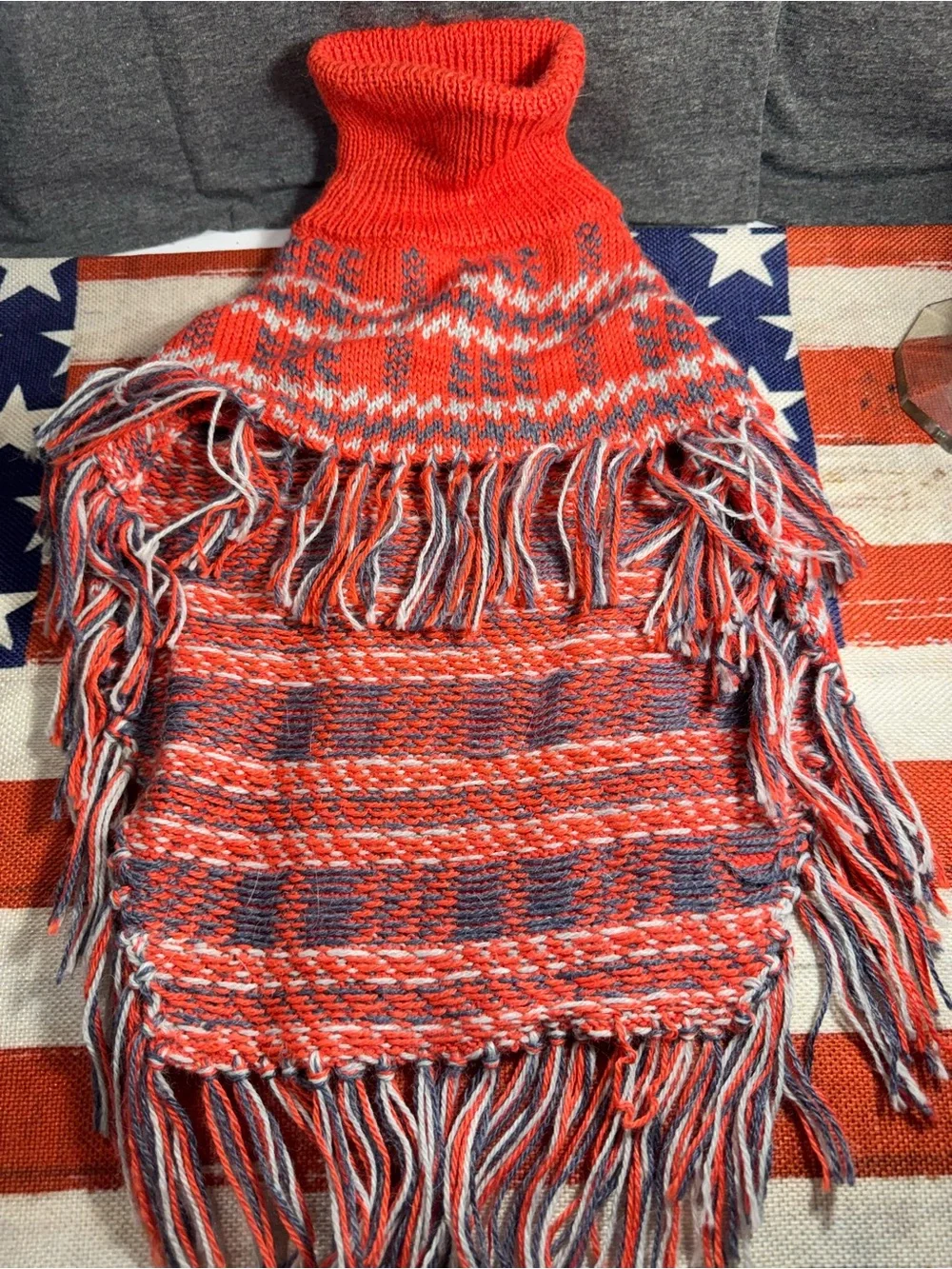 Red Plaid Knit Dog Poncho with Fringe